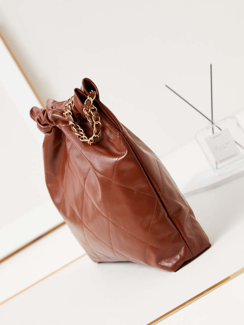 Chanel 22 AS3261 Handbag Shiny Calfskin Brown Gold