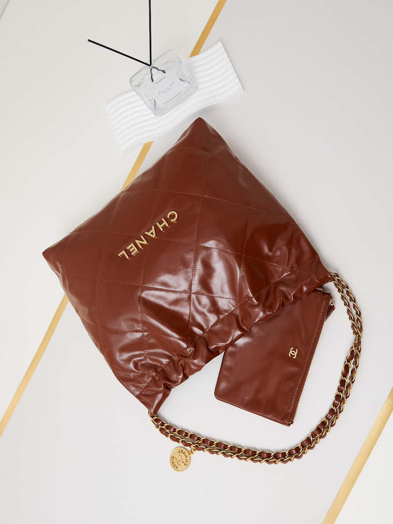 Chanel 22 AS3261 Handbag Shiny Calfskin Brown Gold