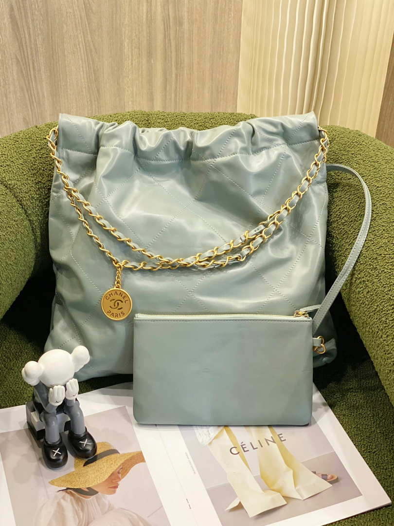 Chanel 22 Handbag Shiny Calfskin AS3261 Light Green Gold