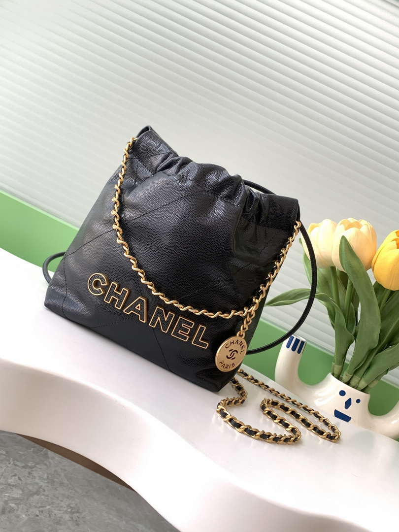 Chanel 22 AS3980 Mini Handbag 25C Shiny Calfskin & Gold -Tone Metal Black