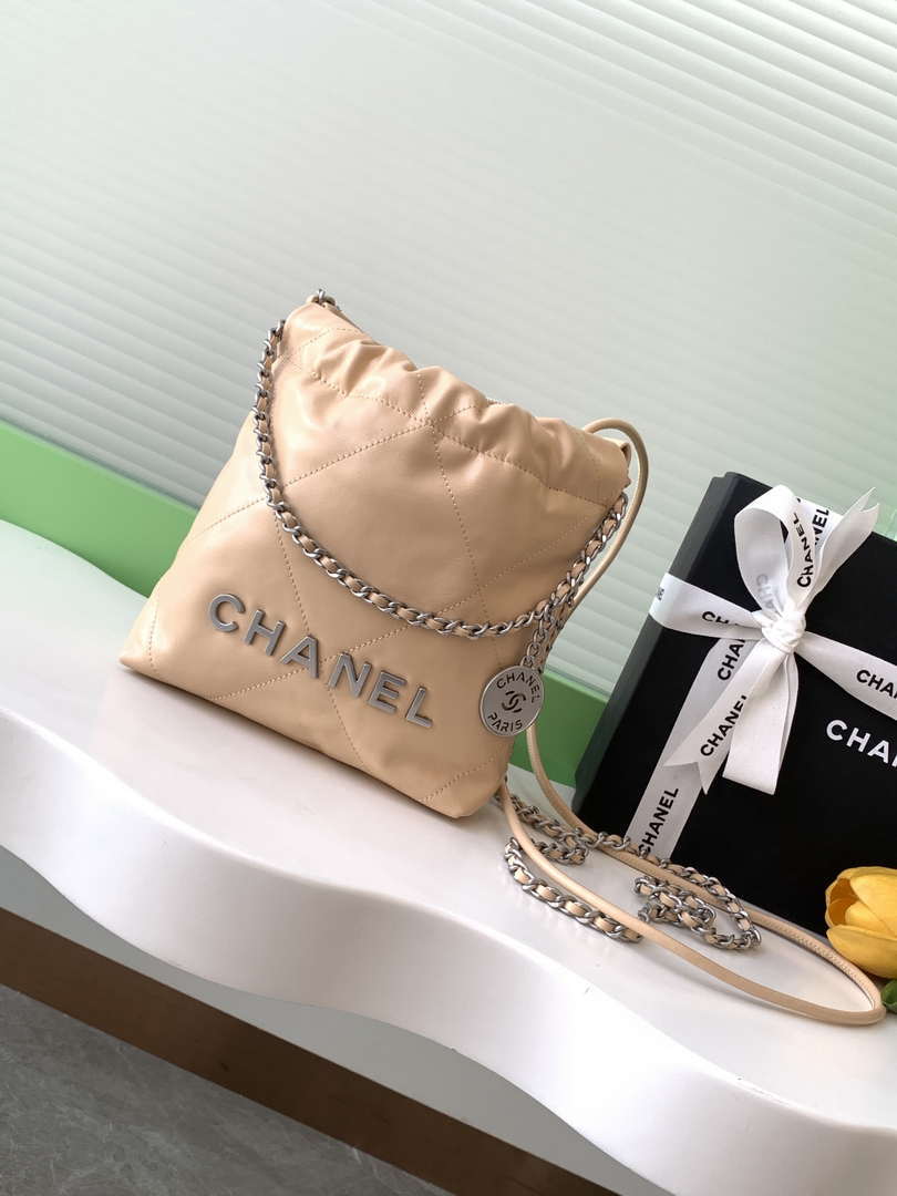 Chanel 22 AS3980 Mini Handbag 25C Shiny Calfskin & Silver-Tone Metal Apricot