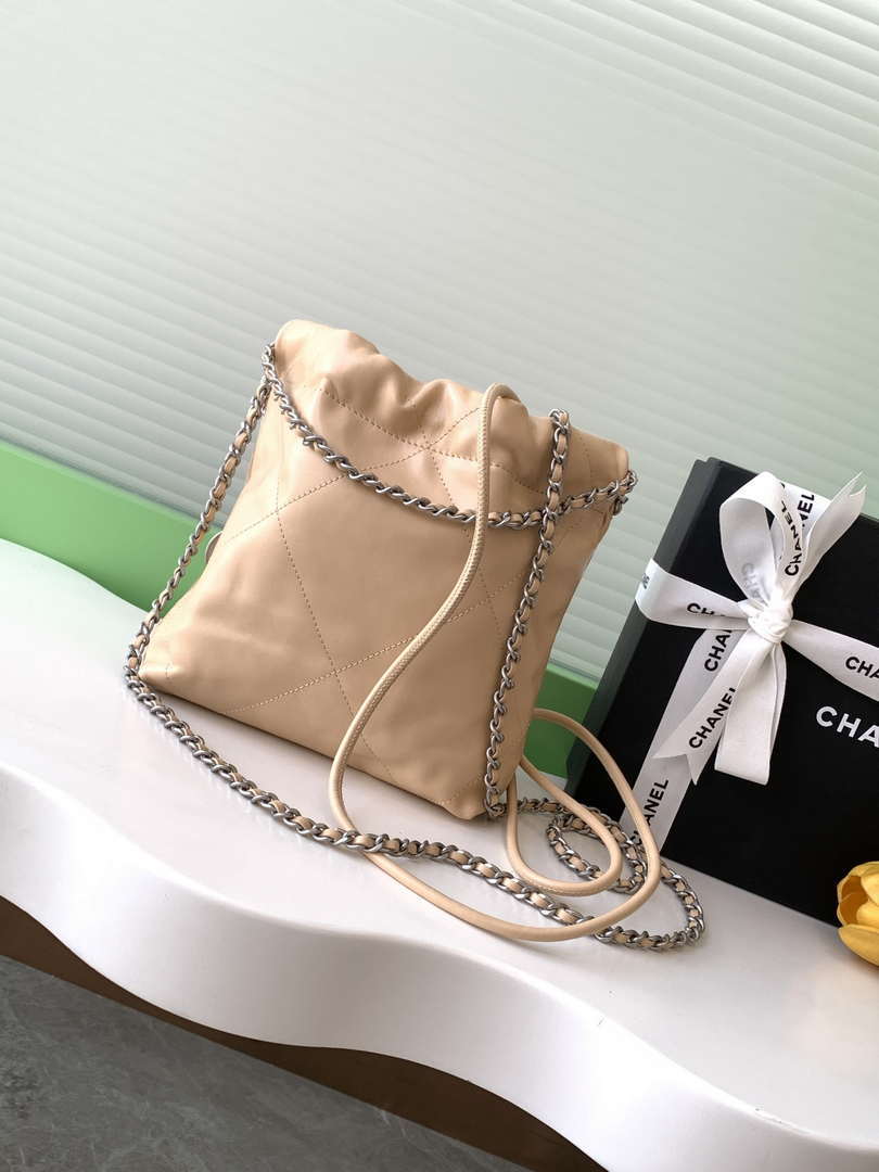 Chanel 22 AS3980 Mini Handbag 25C Shiny Calfskin & Silver-Tone Metal Apricot