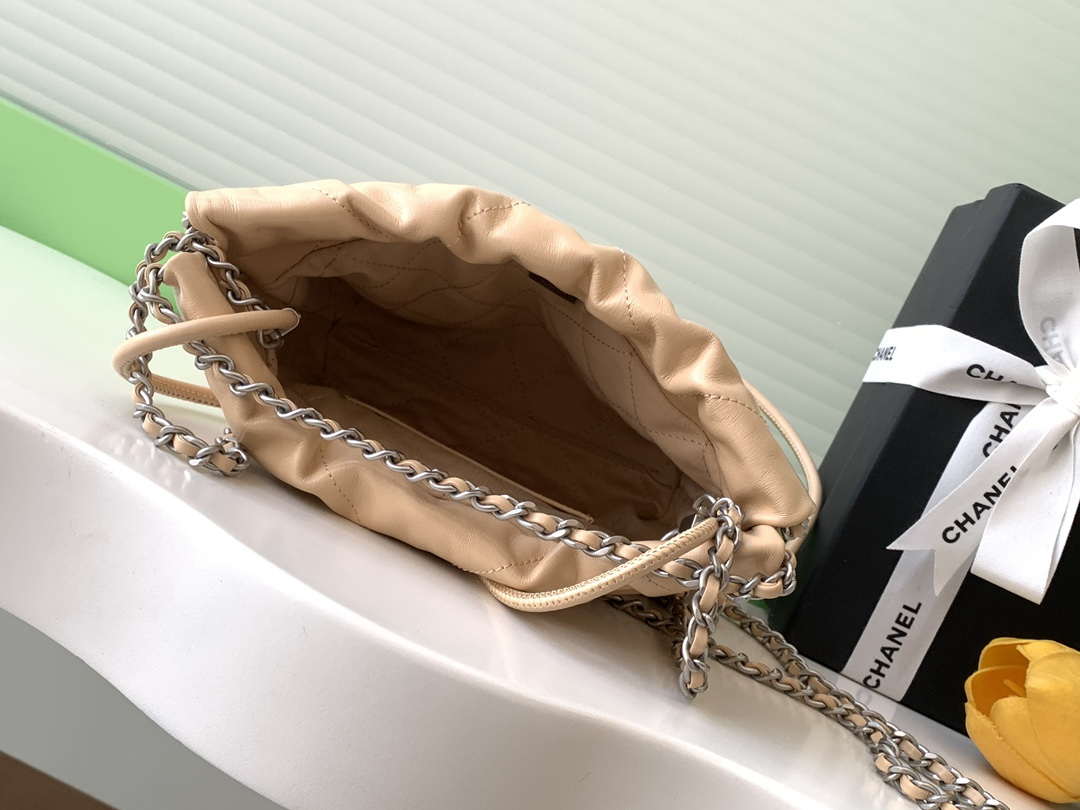 Chanel 22 AS3980 Mini Handbag 25C Shiny Calfskin & Silver-Tone Metal Apricot