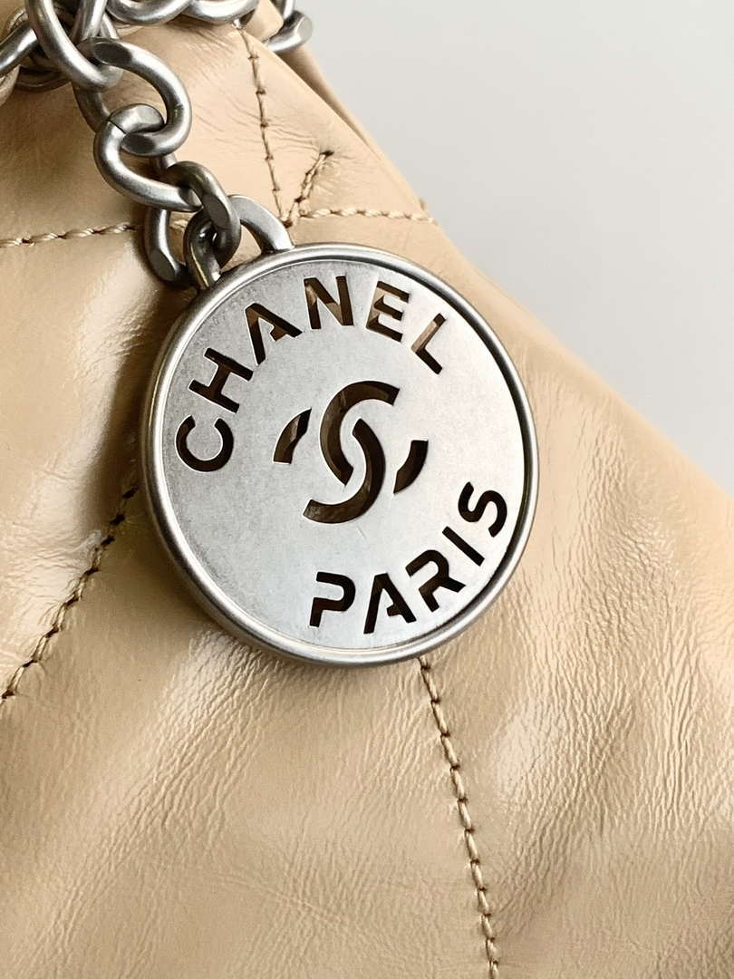Chanel 22 AS3980 Mini Handbag 25C Shiny Calfskin & Silver-Tone Metal Apricot
