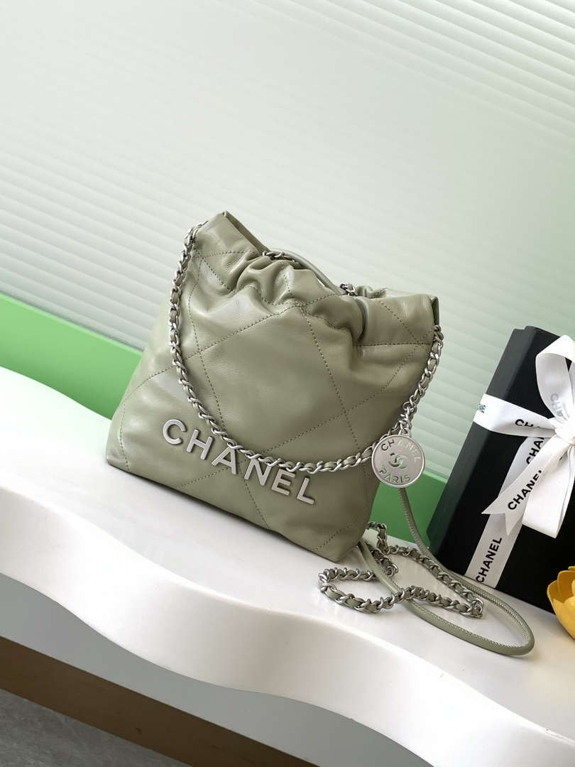 Chanel 22 AS3980 Mini Handbag 25C Shiny Calfskin & Silver-Tone Metal Light Green