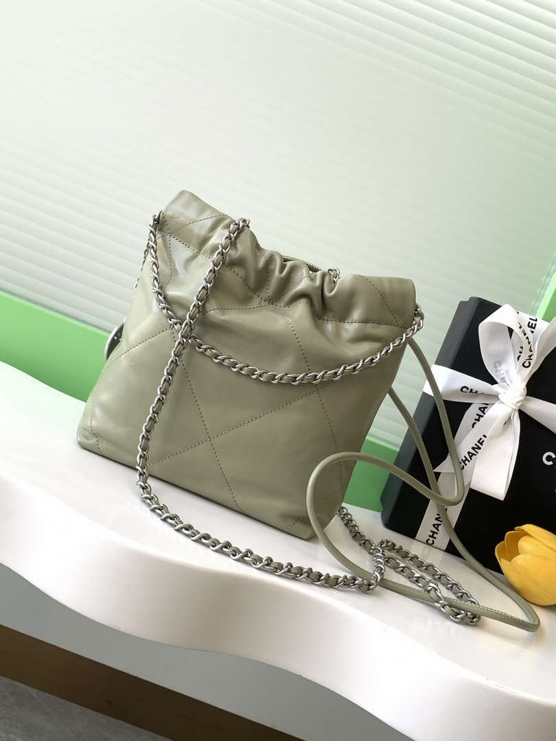 Chanel 22 AS3980 Mini Handbag 25C Shiny Calfskin & Silver-Tone Metal Light Green - Default Title - View 3