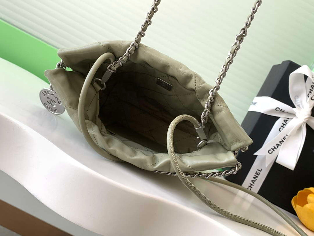 Chanel 22 AS3980 Mini Handbag 25C Shiny Calfskin & Silver-Tone Metal Light Green