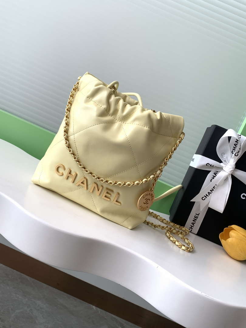 Chanel 22 AS3980 Mini Handbag 25C Shiny Calfskin & Gold -Tone Metal Light Yellow