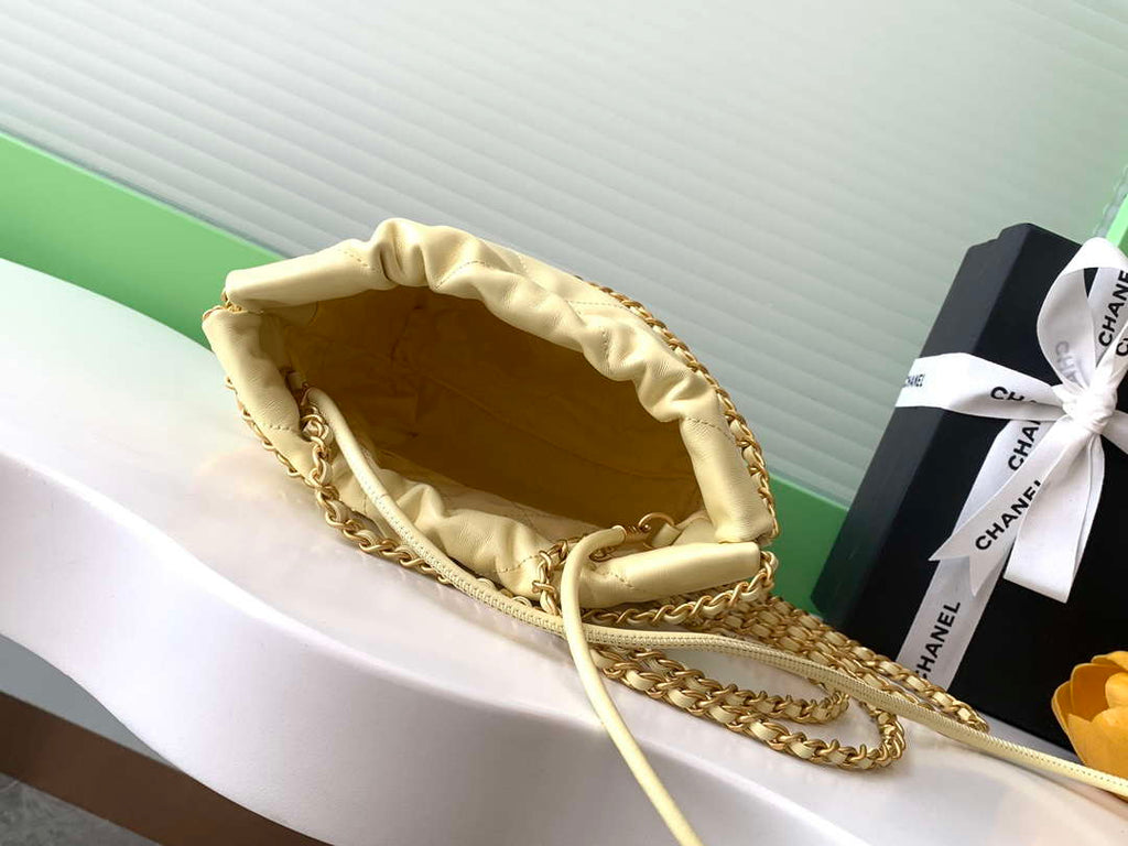 Chanel 22 AS3980 Mini Handbag 25C Shiny Calfskin & Gold -Tone Metal Light Yellow