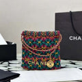 Chanel 22 AS3980 Mini Handbag Calfskin knotted lace and gold-tone metal Dark green & pink - Default Title - View 1