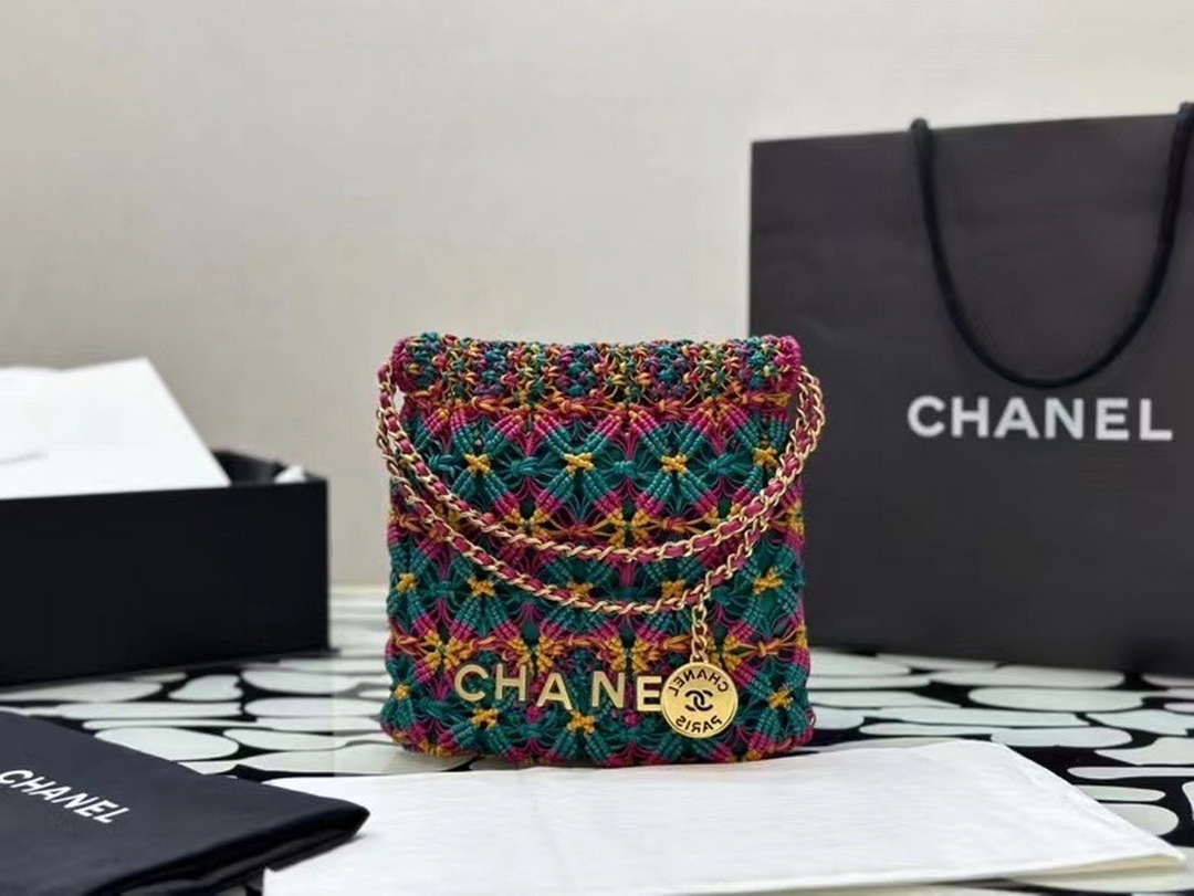 Chanel 22 AS3980 Mini Handbag Calfskin knotted lace and gold-tone metal Dark green & pink - Default Title - View 1