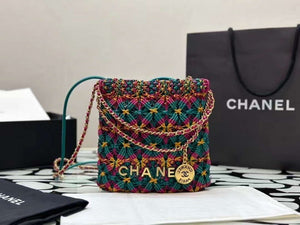 Chanel 22 AS3980 Mini Handbag Calfskin knotted lace and gold-tone metal Dark green & pink - Default Title - View 2