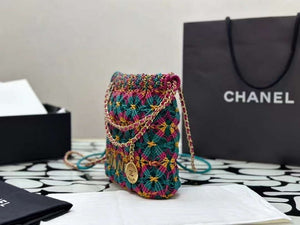 Chanel 22 AS3980 Mini Handbag Calfskin knotted lace and gold-tone metal Dark green & pink - Default Title - View 5