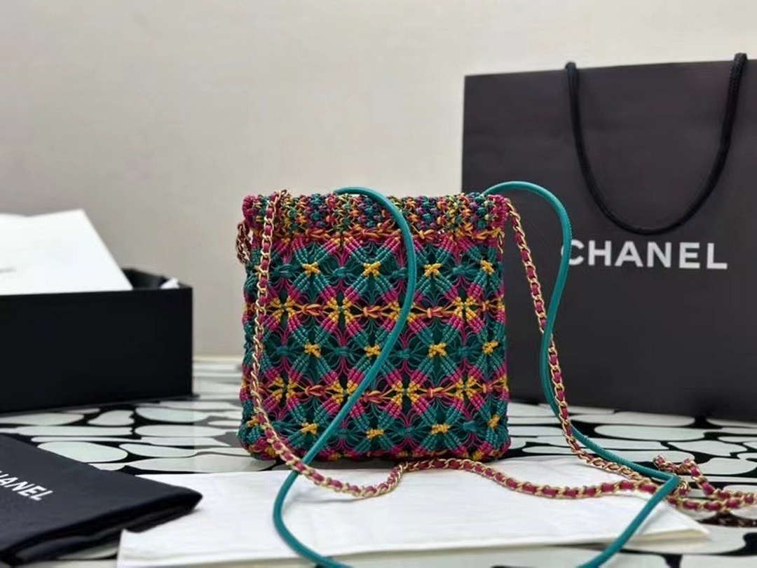 Chanel 22 AS3980 Mini Handbag Calfskin knotted lace and gold-tone metal Dark green & pink - Default Title - View 8