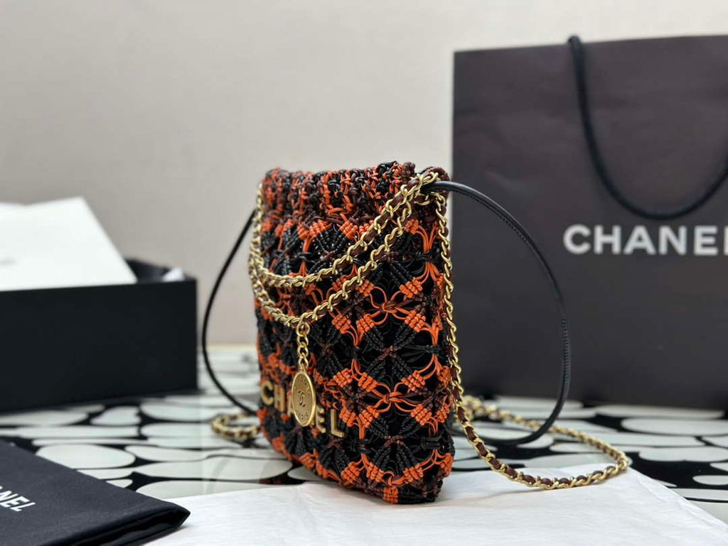 Chanel 22 AS3980 Mini Handbag Calfskin knotted lace and gold-tone metal Orange & black