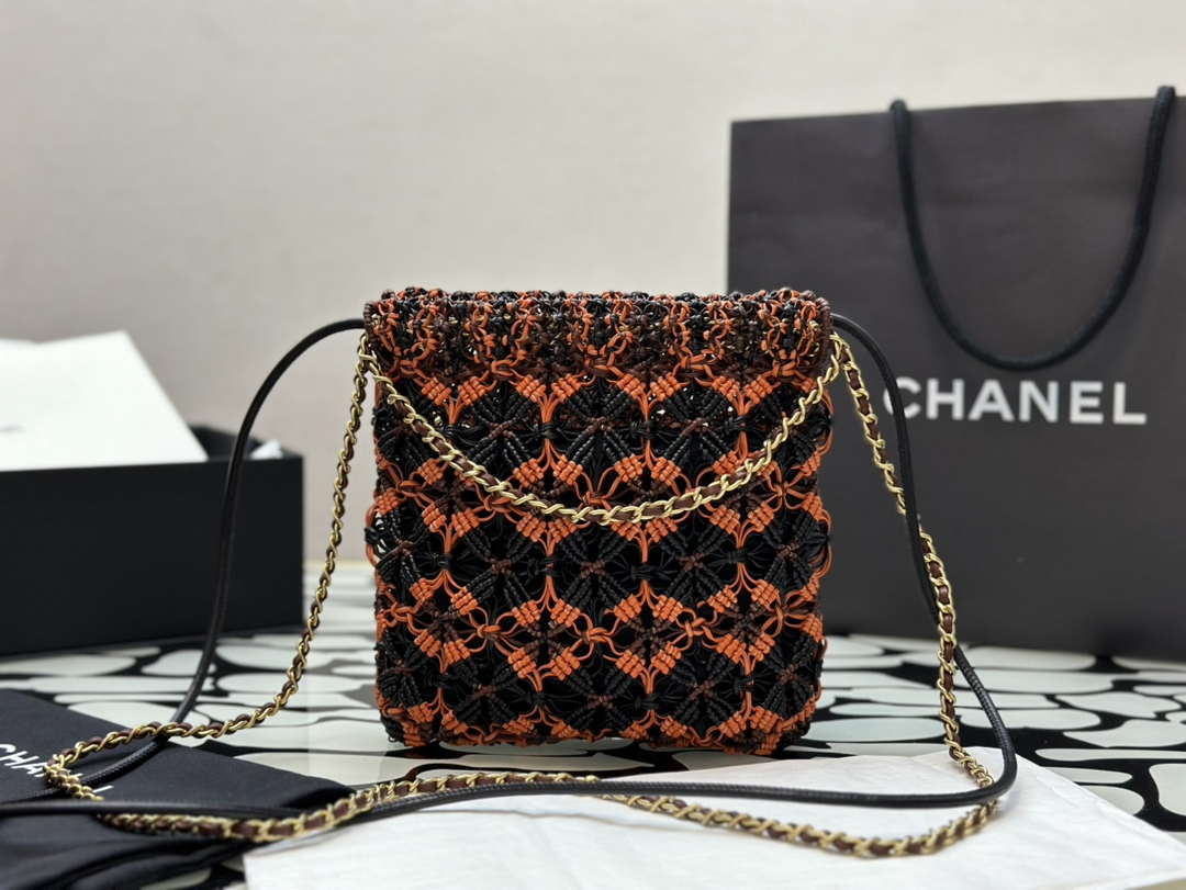 Chanel 22 AS3980 Mini Handbag Calfskin knotted lace and gold-tone metal Orange & black - Default Title - View 4