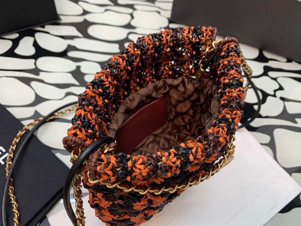 Chanel 22 AS3980 Mini Handbag Calfskin knotted lace and gold-tone metal Orange & black