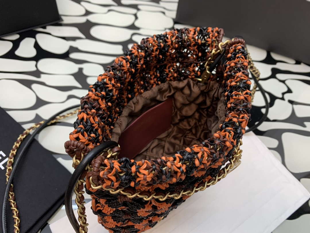 Chanel 22 AS3980 Mini Handbag Calfskin knotted lace and gold-tone metal Orange & black