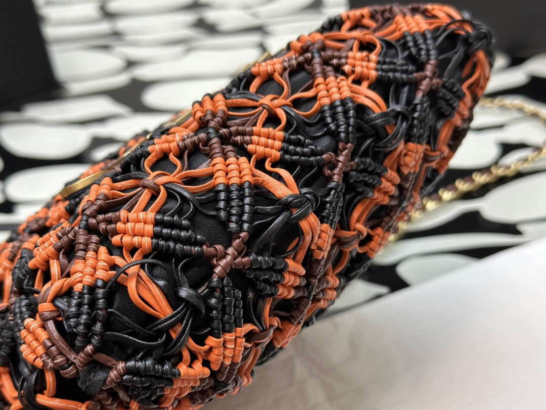 Chanel 22 AS3980 Mini Handbag Calfskin knotted lace and gold-tone metal Orange & black - Default Title - View 9