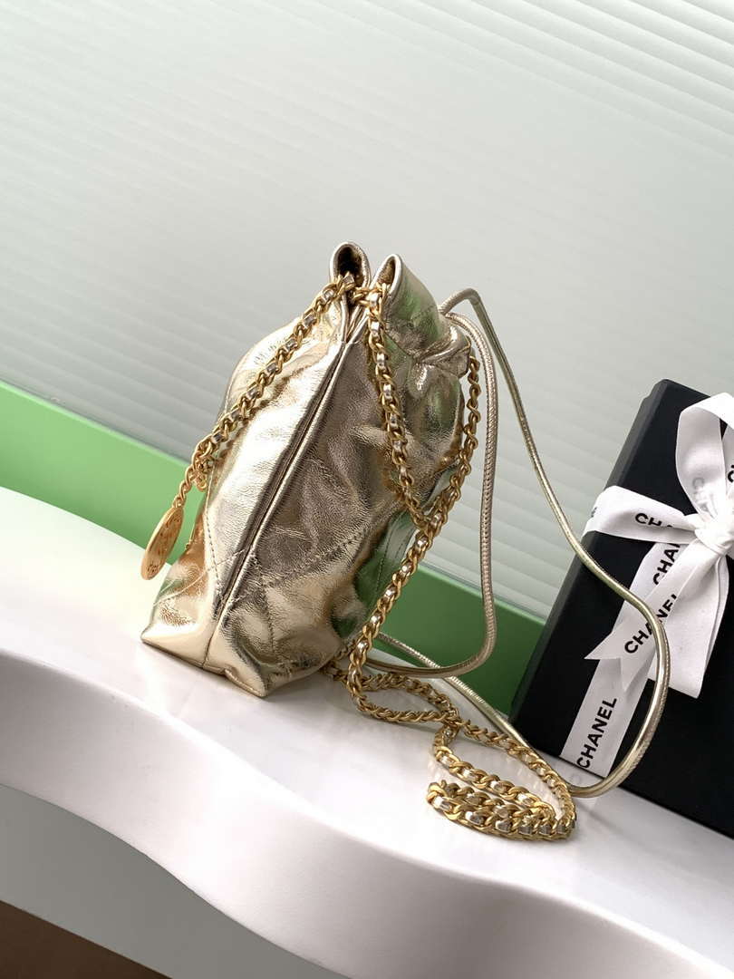 Chanel 22 AS3980 Mini Handbag Shiny Calfskin & Gold-Tone Metal Gold