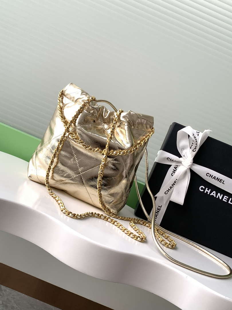 Chanel 22 AS3980 Mini Handbag Shiny Calfskin & Gold-Tone Metal Gold