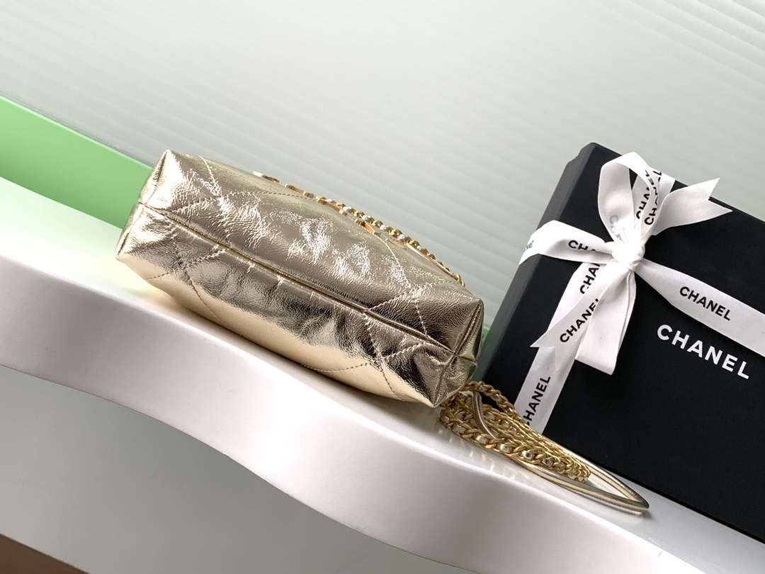 Chanel 22 AS3980 Mini Handbag Shiny Calfskin & Gold-Tone Metal Gold - Default Title - View 4