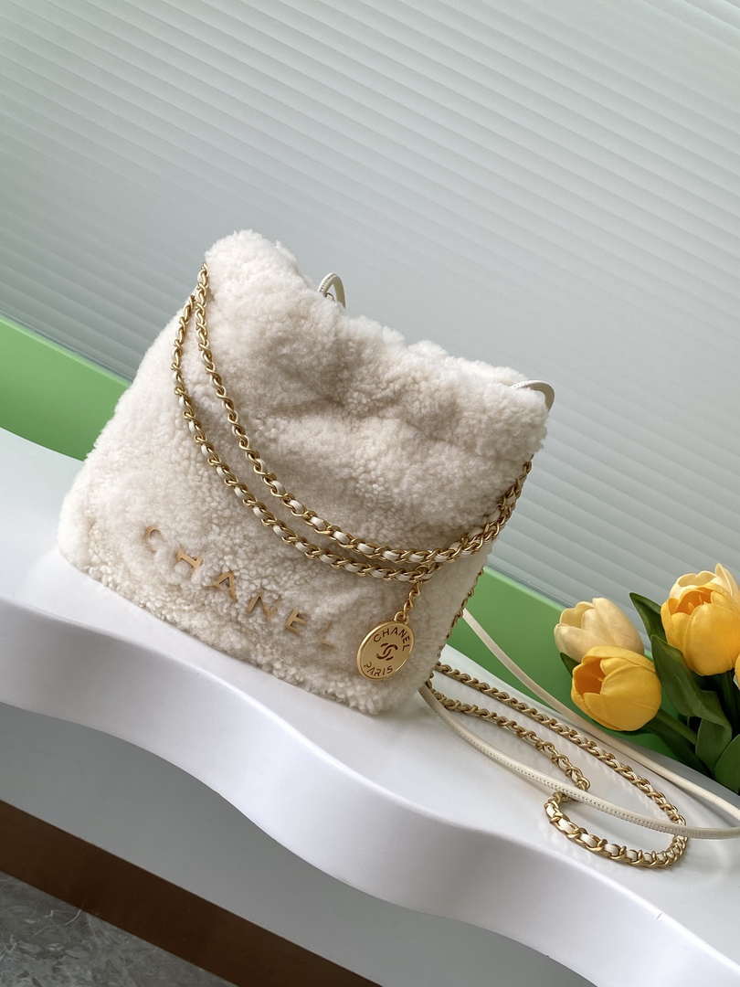 Chanel 22 AS3980 Mini Handbag wool & Gold-Tone Metal Beige - Default Title - View 1