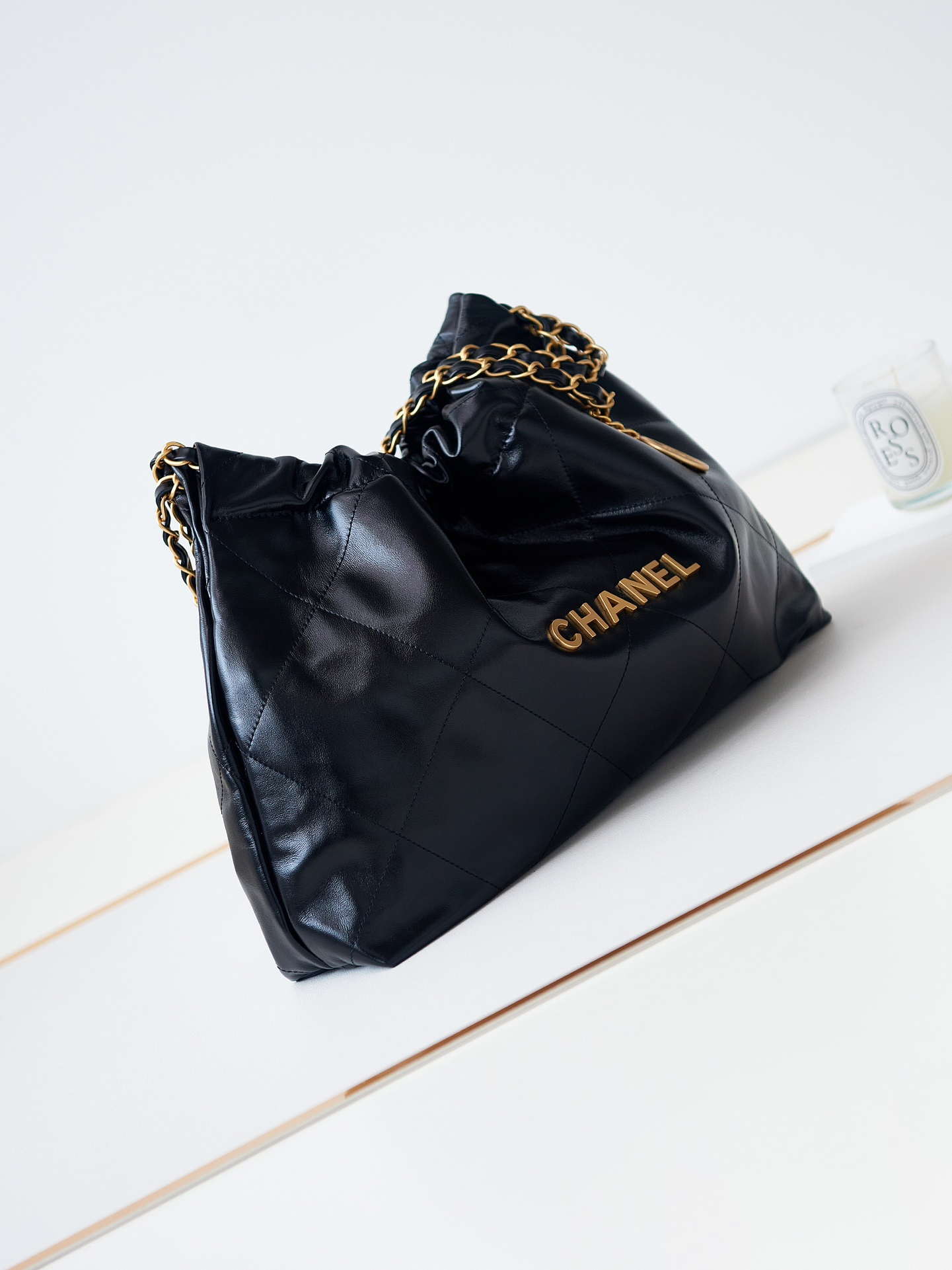 Chanel 22 Bag AS4486 Small Handbag Shiny Calfskin Black With Gold