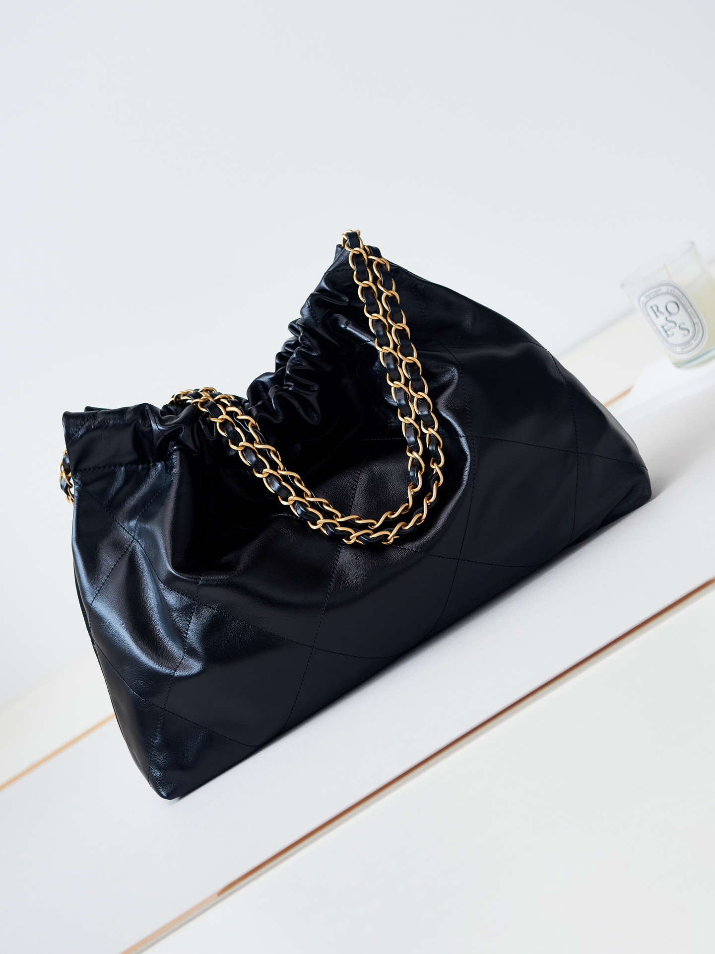 Chanel 22 Bag AS4486 Small Handbag Shiny Calfskin Black With Gold - Default Title - View 3