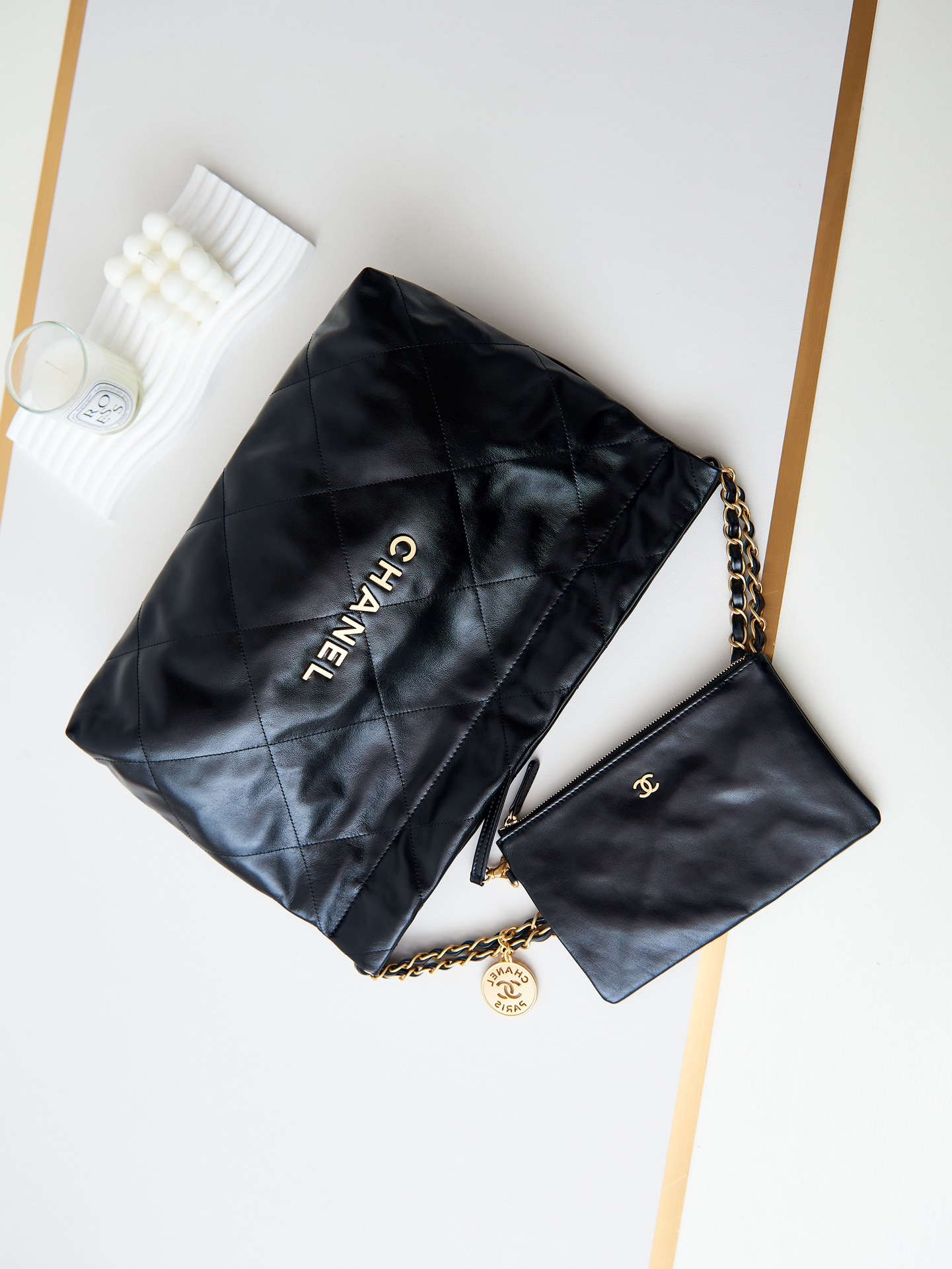 Chanel 22 Bag AS4486 Small Handbag Shiny Calfskin Black With Gold