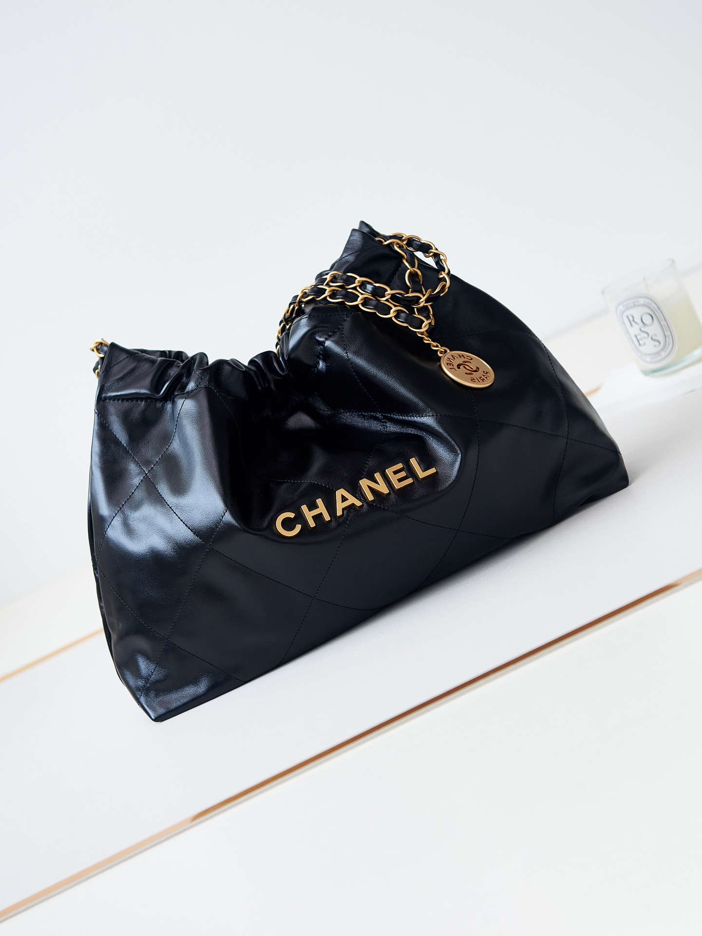 Chanel 22 Bag AS4486 Small Handbag Shiny Calfskin Black With Gold - Default Title - View 1