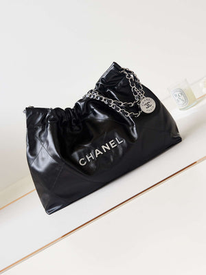 Chanel 22 Bag AS4486 Small Handbag Shiny Calfskin Black With Silver - Default Title - View 1