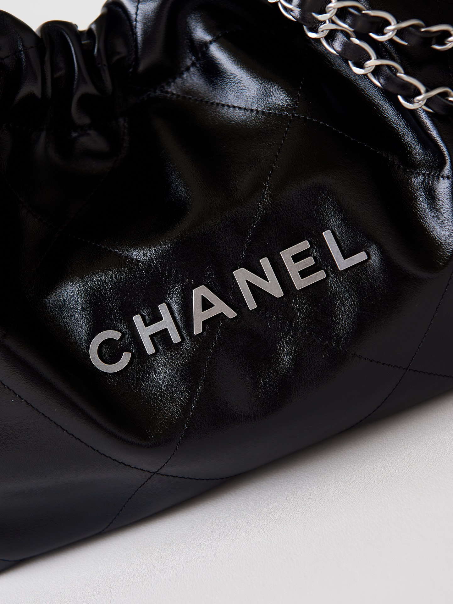 Chanel 22 Bag AS4486 Small Handbag Shiny Calfskin Black With Silver - Default Title - View 2