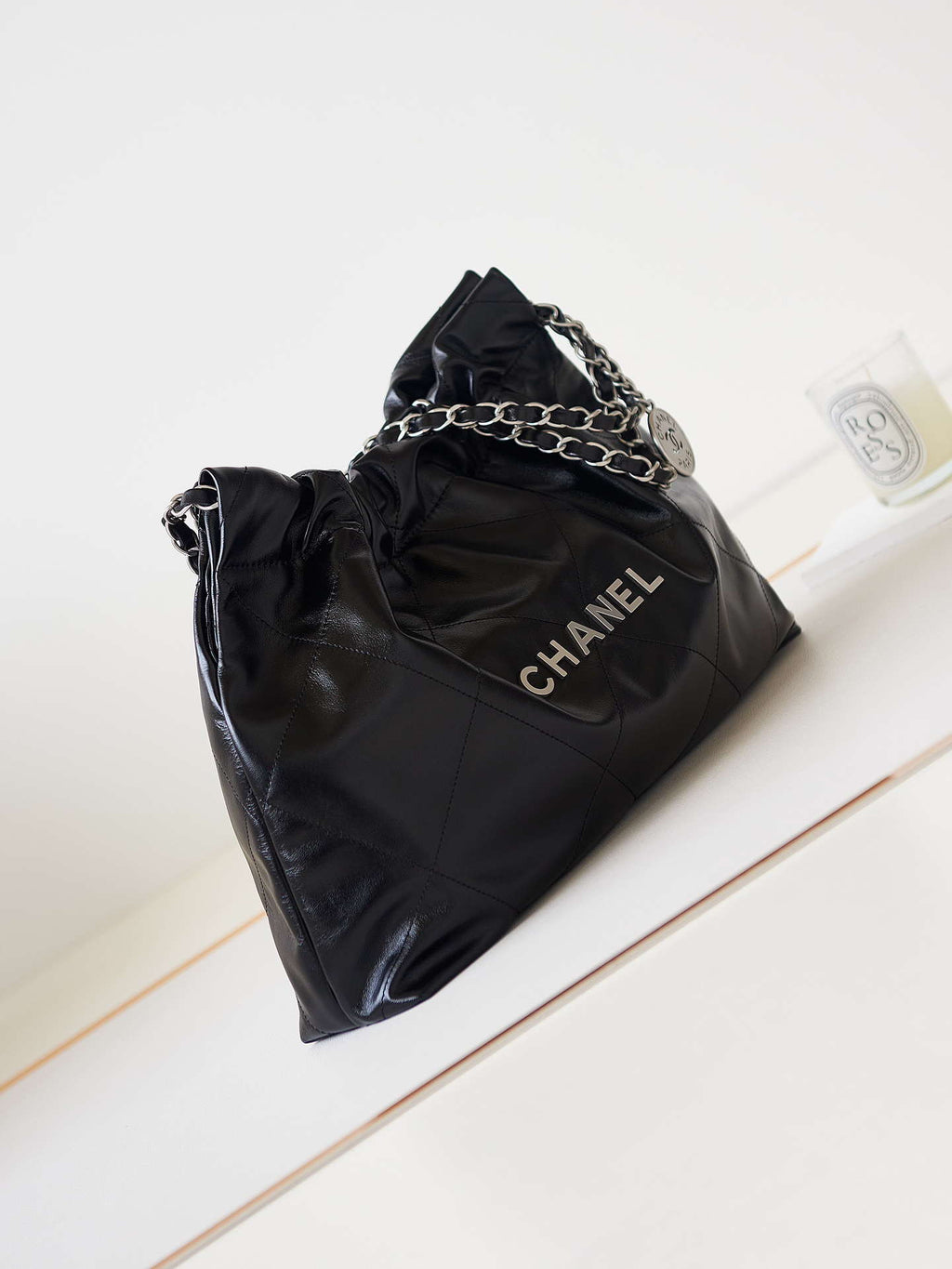 Chanel 22 Bag AS4486 Small Handbag Shiny Calfskin Black With Silver