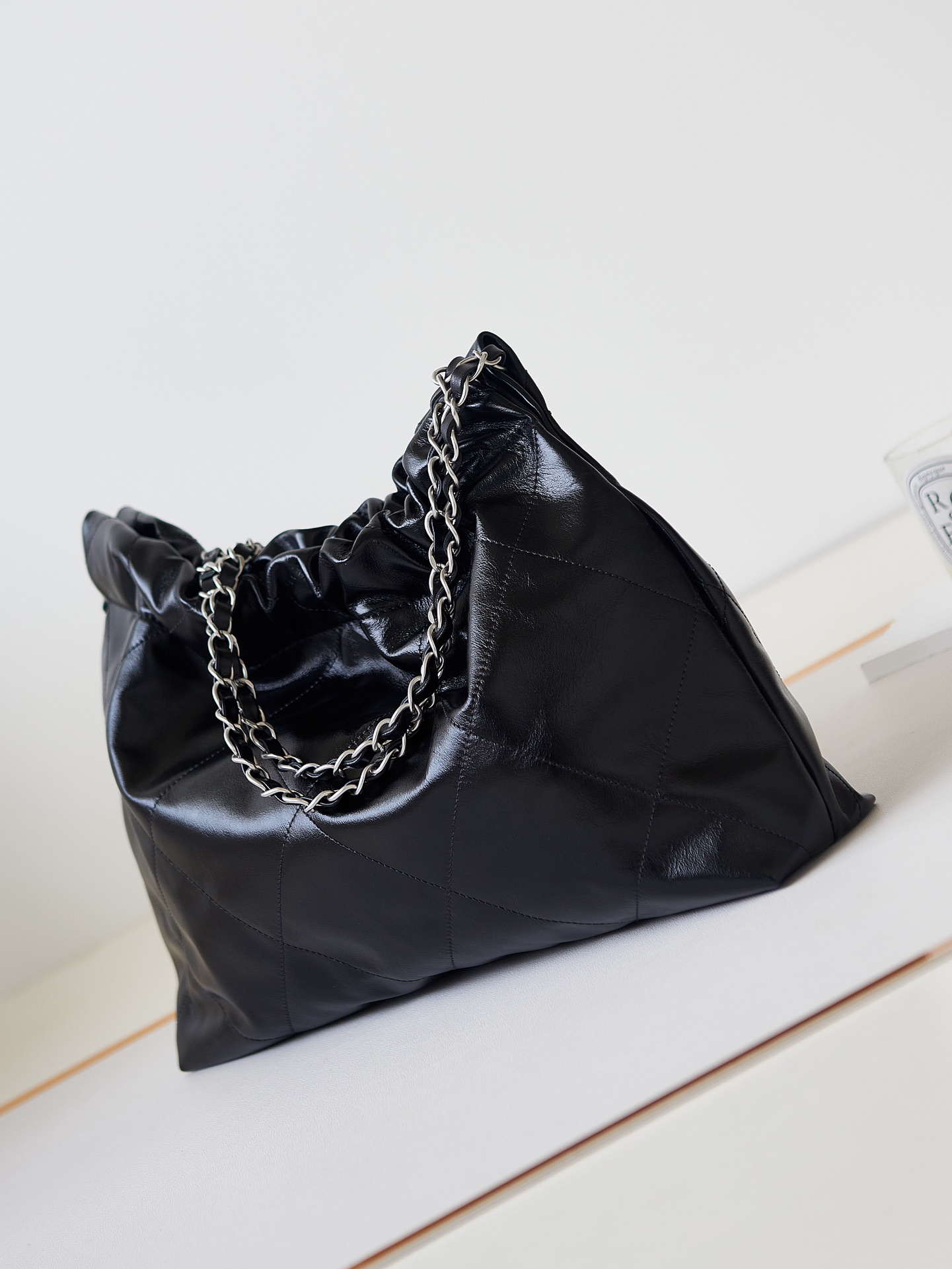 Chanel 22 Bag AS4486 Small Handbag Shiny Calfskin Black With Silver - Default Title - View 4
