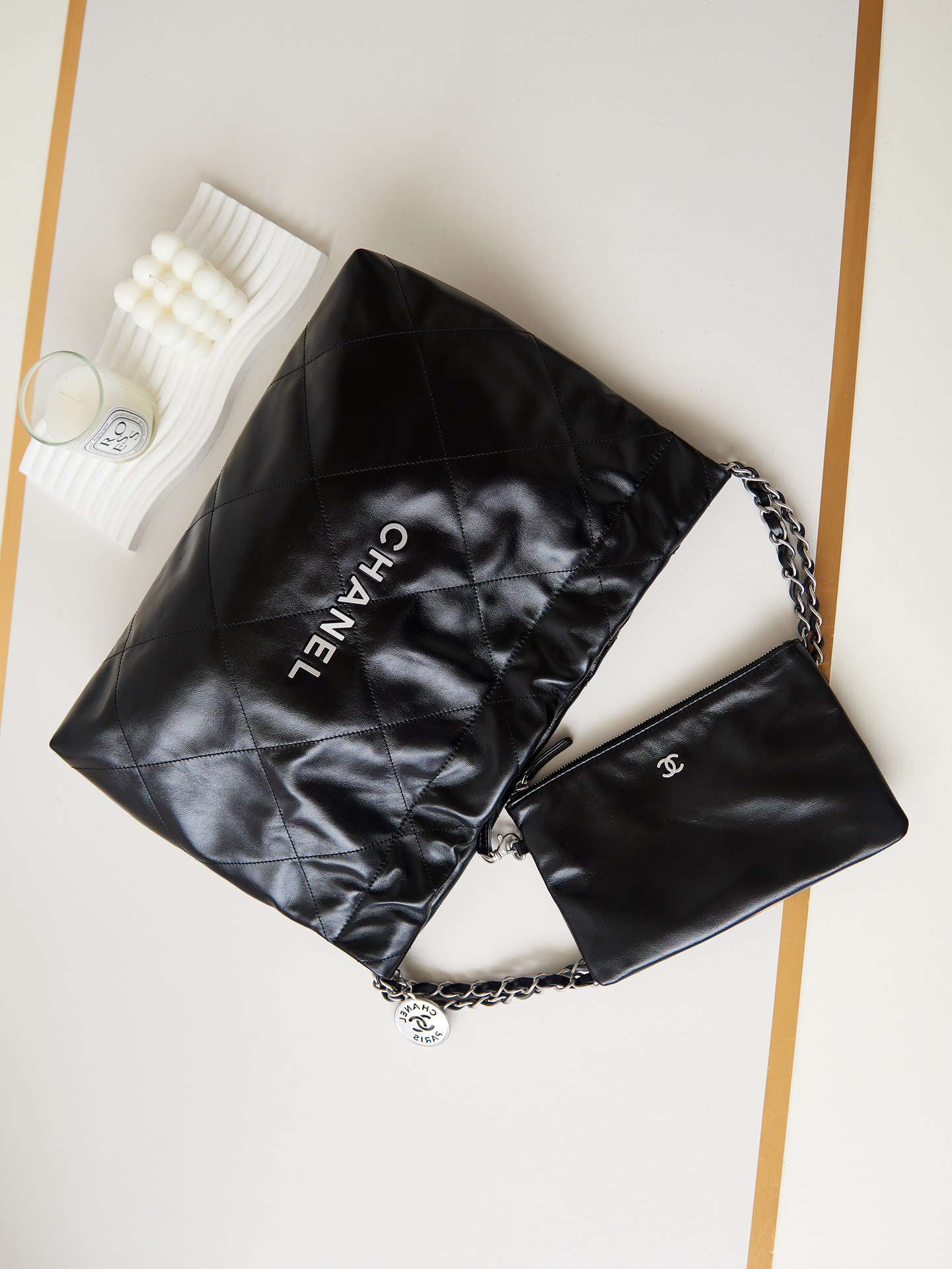 Chanel 22 Bag AS4486 Small Handbag Shiny Calfskin Black With Silver