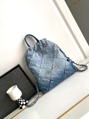 Chanel 22 Backpack AS3859 Denim Blue canvas With Sliver Logo - Default Title - View 1