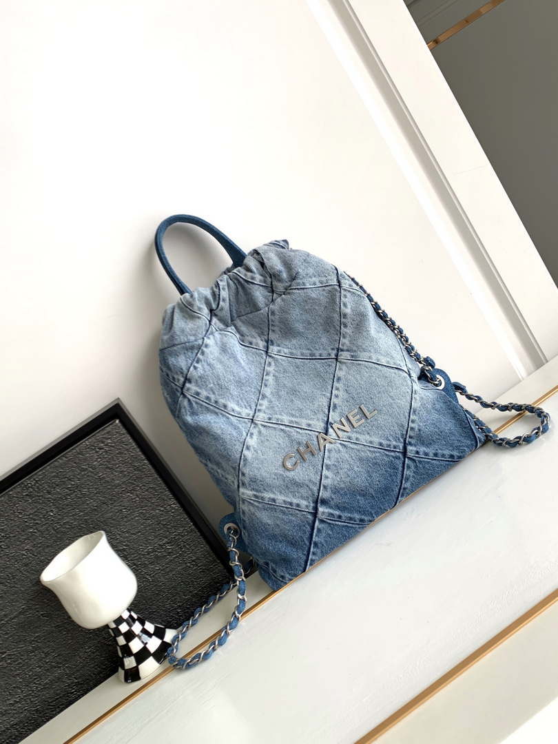 Chanel 22 Backpack AS3859 Denim Blue canvas With Sliver Logo - Default Title - View 1