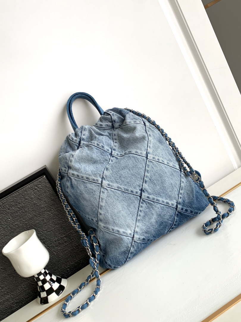 Chanel 22 Backpack AS3859 Denim Blue canvas With Sliver Logo - Default Title - View 2