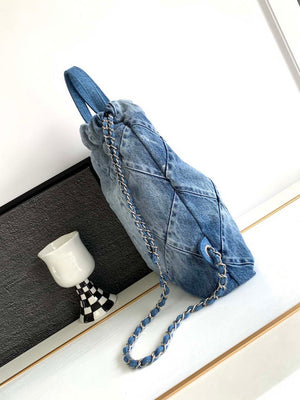 Chanel 22 Backpack AS3859 Denim Blue canvas With Sliver Logo - Default Title - View 3