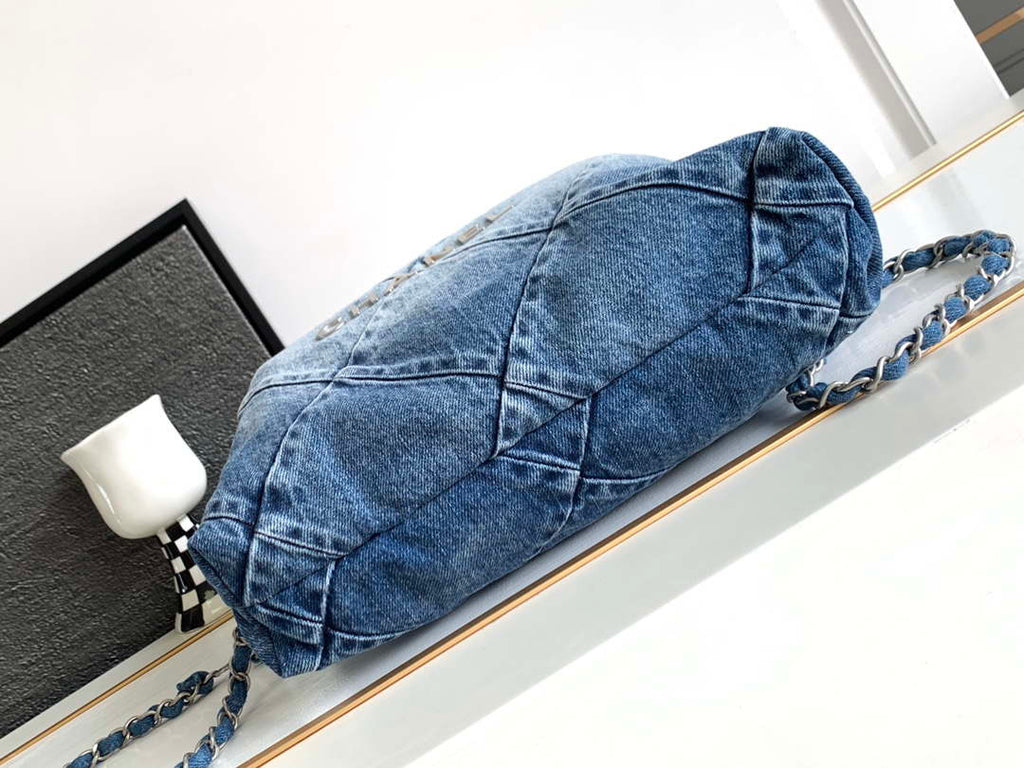 Chanel 22 Backpack AS3859 Denim Blue canvas With Sliver Logo