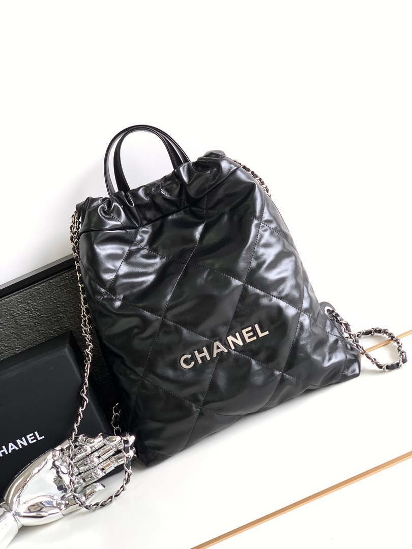 Chanel 22 Backpack AS3859 Shiny Black Calfskin With Sliver Logo - Default Title - View 1