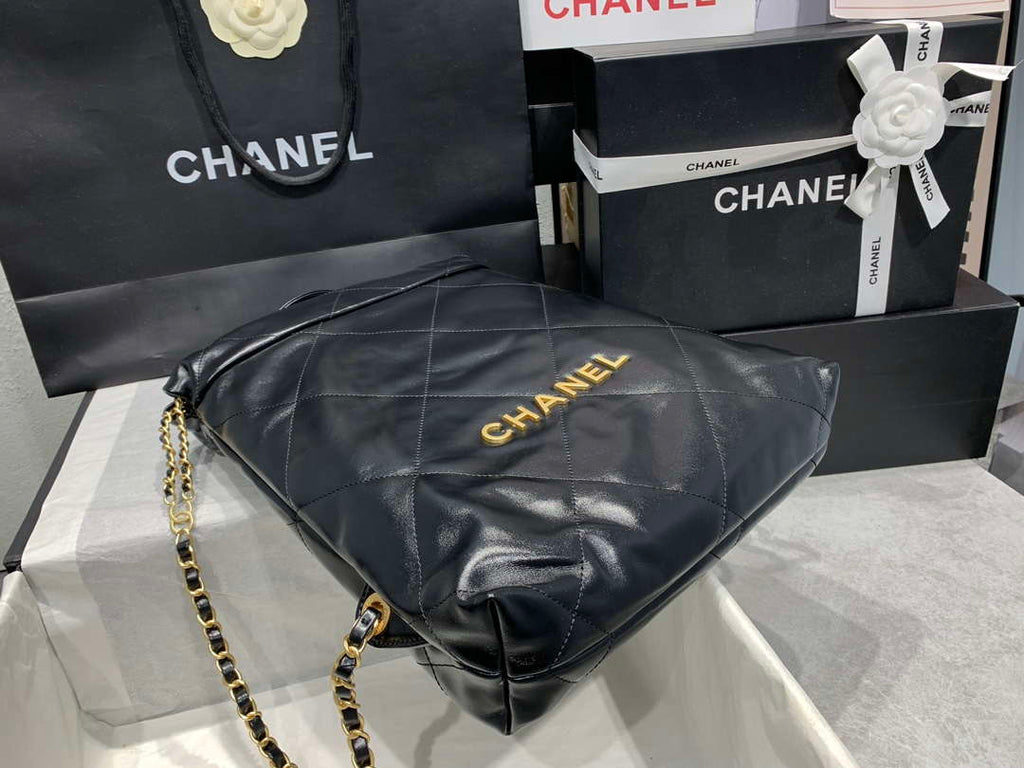 Chanel 22 Backpack AS3859 Shiny Black Calfskin With Gold