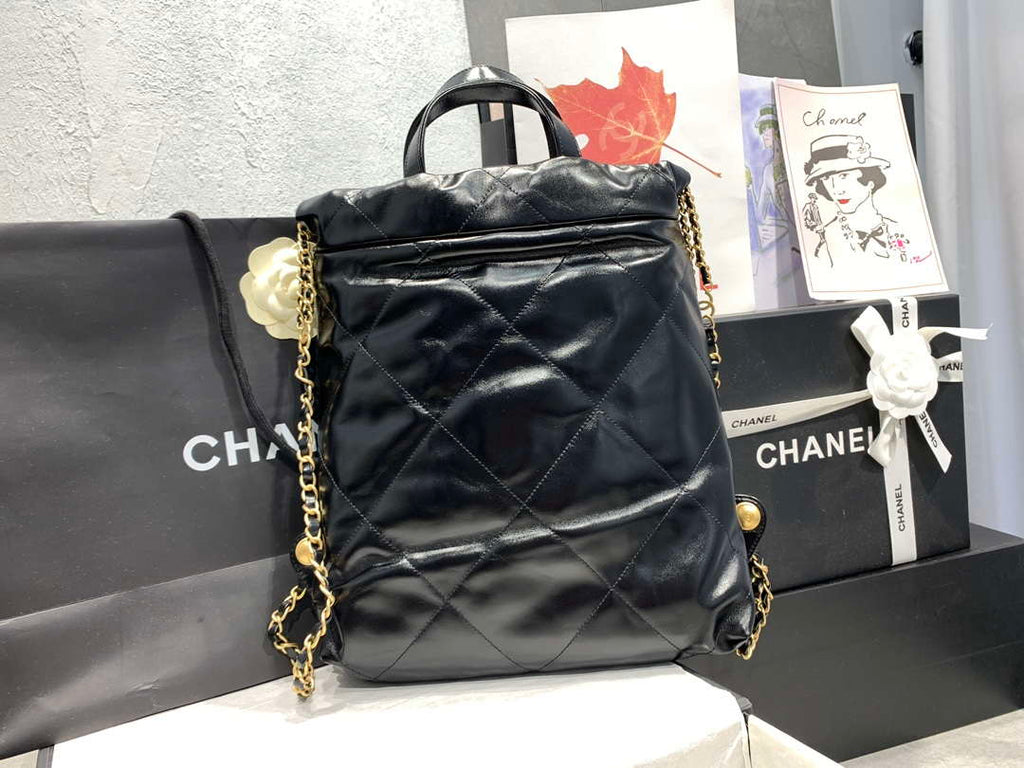Chanel 22 Backpack AS3859 Shiny Black Calfskin With Gold