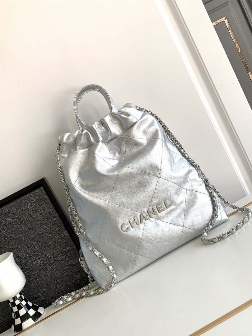 Chanel 22 Backpack AS3859 Shiny Silver Calfskin With Sliver Logo - Default Title - View 1