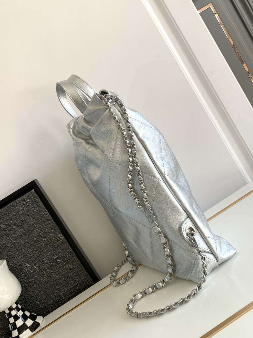 Chanel 22 Backpack AS3859 Shiny Silver Calfskin With Sliver Logo