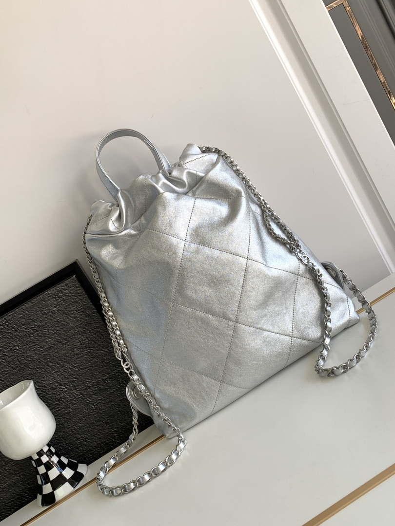 Chanel 22 Backpack AS3859 Shiny Silver Calfskin With Sliver Logo - Default Title - View 3