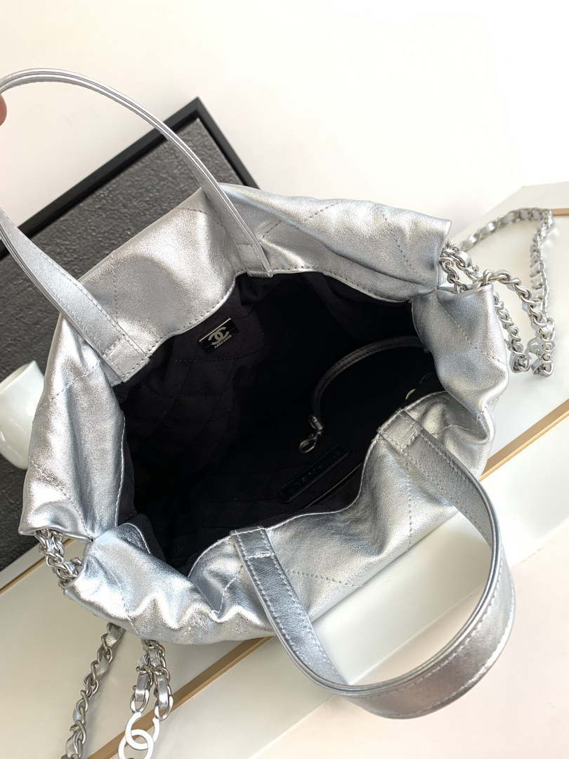 Chanel 22 Backpack AS3859 Shiny Silver Calfskin With Sliver Logo - Default Title - View 7