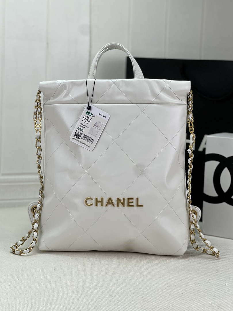 Chanel 22 Backpack AS3859 Shiny White Calfskin With Gold - Default Title - View 1