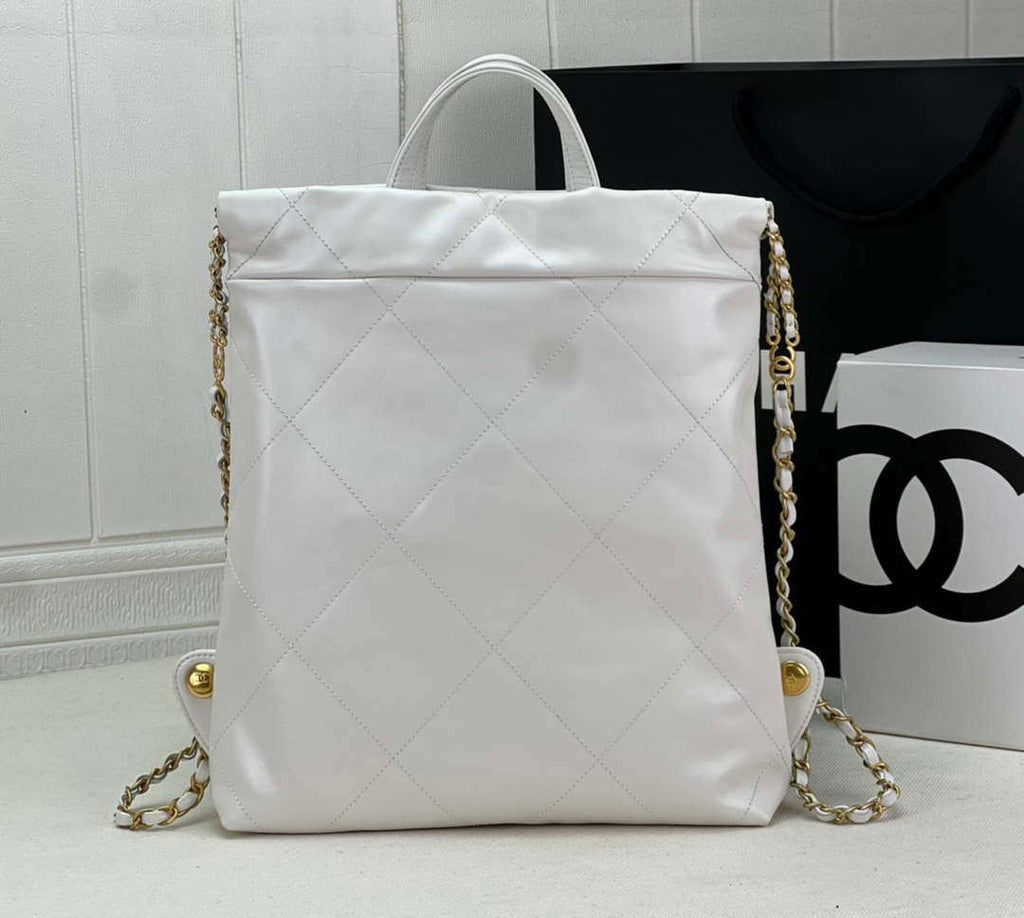 Chanel 22 Backpack AS3859 Shiny White Calfskin With Gold